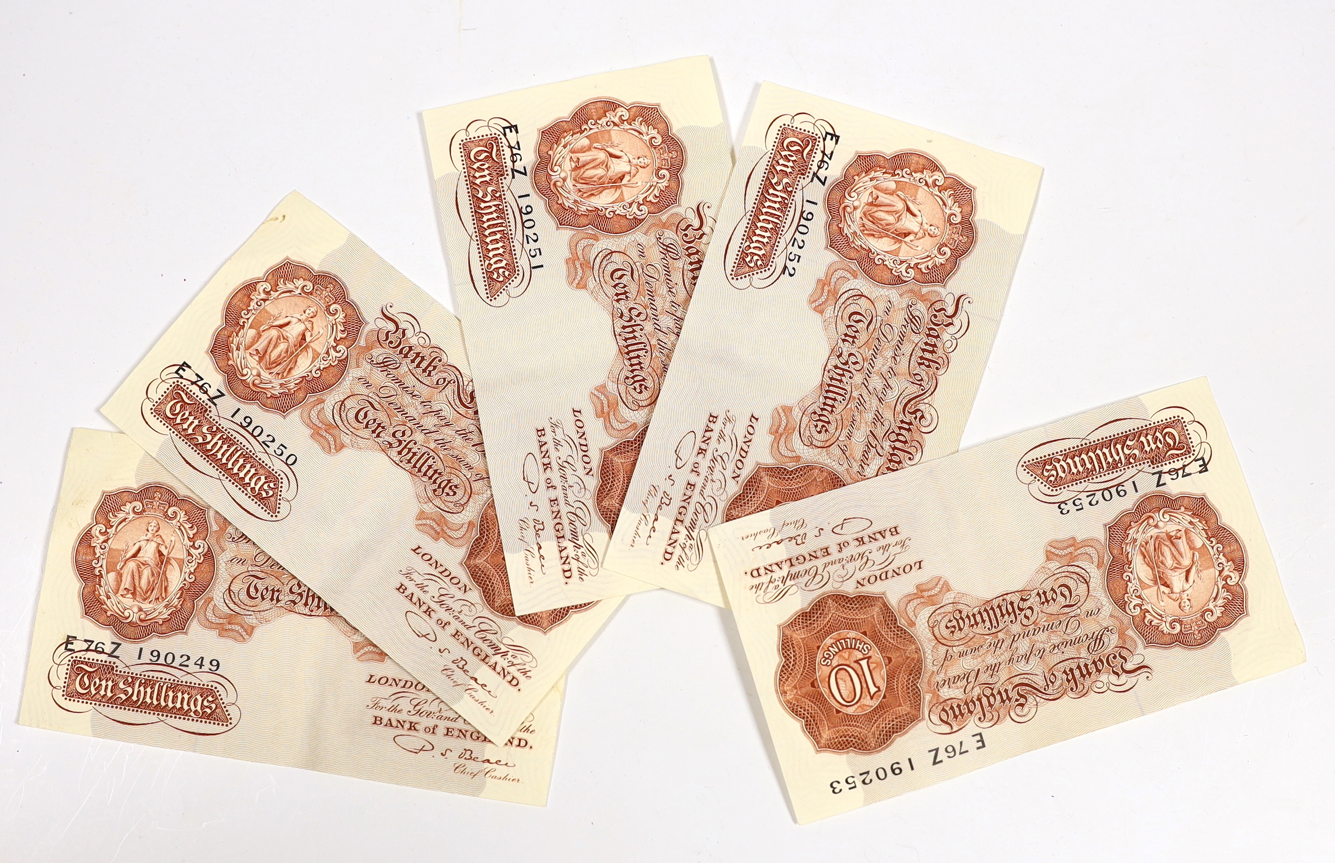 Five consecutive Bank of England, Ten Shillings banknotes, Series 